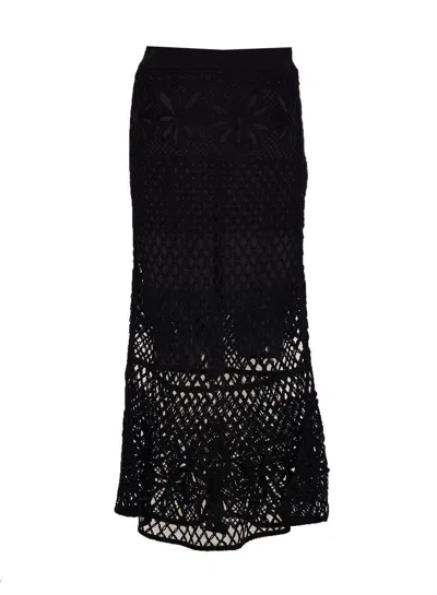 Pinko Black Long Skirt With Perforated Design And Floral Motif In Viscose Blend Woman In Black