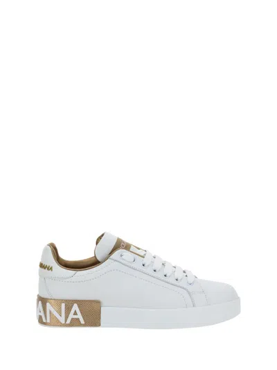 Dolce & Gabbana Portofino White And Gold Low Top Sneakers With Logo In Leather Woman In White