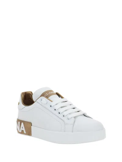 Dolce & Gabbana Portofino White And Gold Low Top Sneakers With Logo In Leather Woman In White