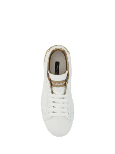 Dolce & Gabbana Portofino White And Gold Low Top Sneakers With Logo In Leather Woman In White