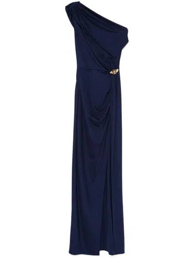 Elisabetta Franchi Draped One-shoulder Dress With Side Slit In Blue