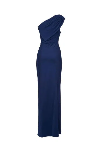 Elisabetta Franchi Draped One-shoulder Dress With Side Slit In Blue