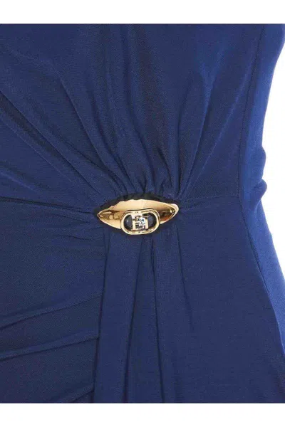 Elisabetta Franchi Draped One-shoulder Dress With Side Slit In Blue