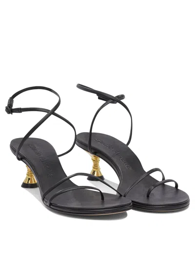 Studio Amelia Black Leather Sandals With Gold Accent Heel In Black