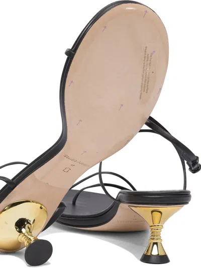 Studio Amelia Black Leather Sandals With Gold Accent Heel In Black