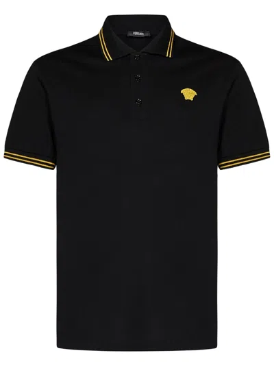 Versace Black Polo Shirt With Classic Collar And Medusa Embroidery