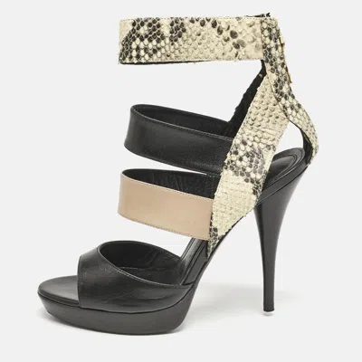 Pre-owned Fendi Tricolor Leather And Python Embossed Ankle Strap Platform Sandals Size 38 In Black