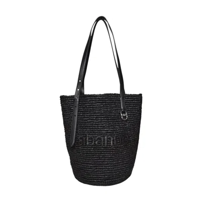 Rabanne Logo Black Natural Raffia Tote Bag
