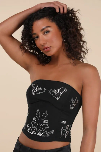 Lulus Suni Black Mesh Sequin Strapless Crop Top In Pattern