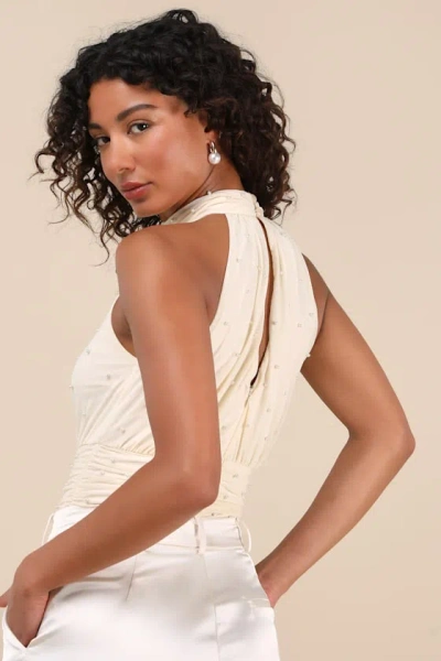 Lulus Pierina Cream Mesh Pearl Mock Neck Bodysuit In Pattern
