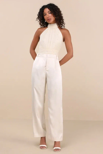 Lulus Pierina Cream Mesh Pearl Mock Neck Bodysuit In Pattern