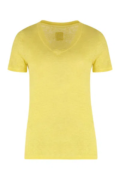 120% Lino V-neck Linen T-shirt In Yellow