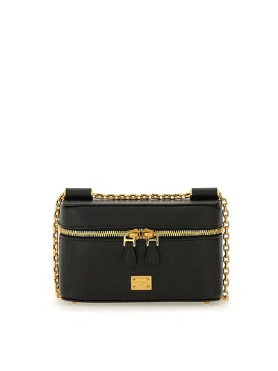 Dolce & Gabbana Sicily Leather Shoulder Bag With Metal Logo Tag In Black