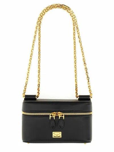 Dolce & Gabbana Sicily Leather Shoulder Bag With Metal Logo Tag In Black