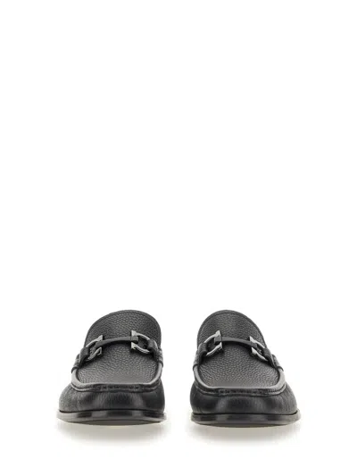Ferragamo Gandioso Pebbled Moccasin With Gancini Ornament In Black Leather