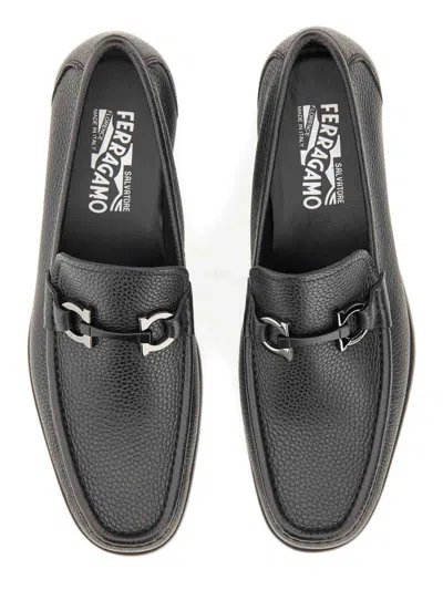 Ferragamo Gandioso Pebbled Moccasin With Gancini Ornament In Black Leather