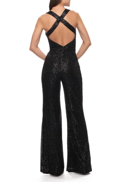 La Femme Long Sequin Jumpsuit With Criss Cross Back