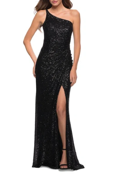 La Femme Sequin Gown With One Shoulder Top And Open Back