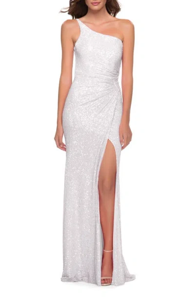 La Femme One-shoulder Sequined Ruched Gown With Open Back