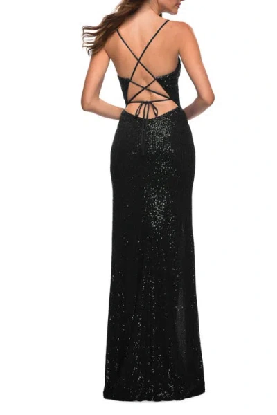 La Femme Sequin Gown With Deep V Neckline And Lace Up Back