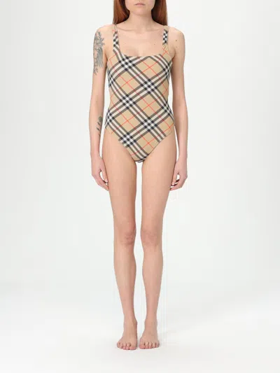 Burberry Women Nylon One-piece Swimsuit With Check Print In Neutral