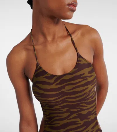 Attico Green Swimsuit With Halterneck With Tie And All-over Print In Tech Fabric Stretch Woman