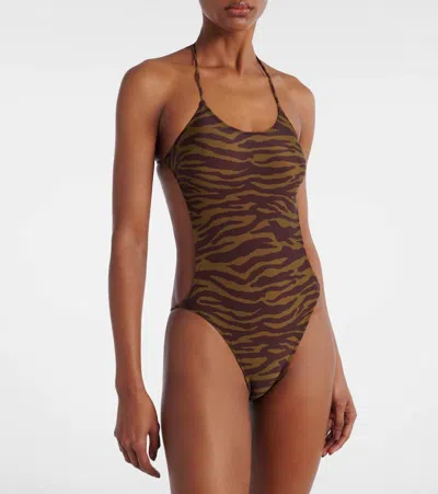 Attico Green Swimsuit With Halterneck With Tie And All-over Print In Tech Fabric Stretch Woman