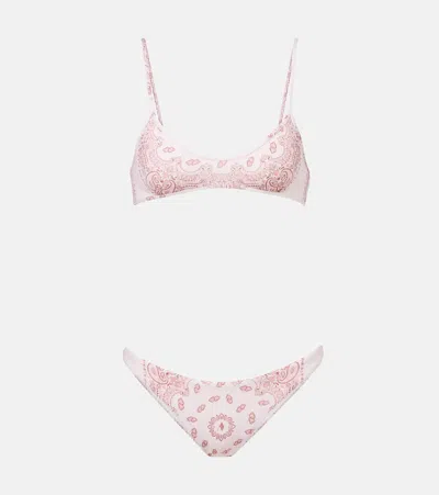 Attico Pink Bikini With Spaghetti Straps And All-over Print In Tech Fabric Stretch Woman In Pink