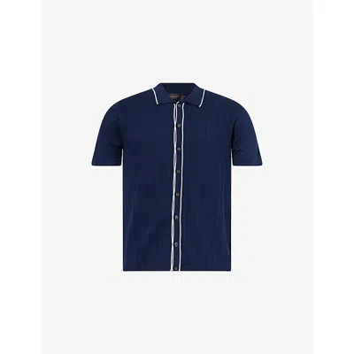 Oscar Jacobson Mens Barker Textured Cotton-knit Polo Shirt Baltic Blue