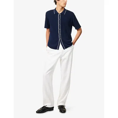 Oscar Jacobson Mens Barker Textured Cotton-knit Polo Shirt Baltic Blue