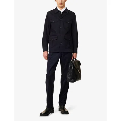 Oscar Jacobson Mens Safari Pointed-collar Cotton Shirt Jacket Navy Xl In Blue