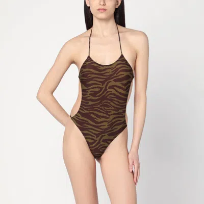 Attico Green Swimsuit With Halterneck With Tie And All-over Print In Tech Fabric Stretch Woman