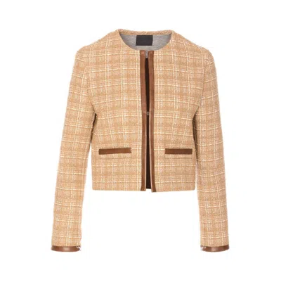 Pinko Crewneck Checked Pattern Leather Trim Jacket