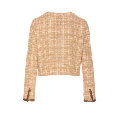 Pinko Crewneck Checked Pattern Leather Trim Jacket