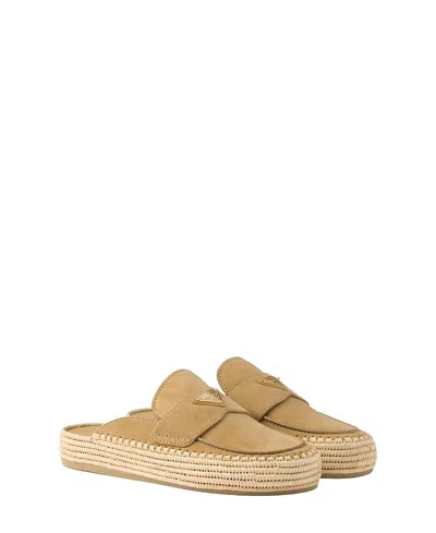 Prada Suede Slippers With Espadrille Sole And Round Toe In Brown