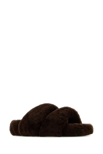 Aquazzura Shearling Twist Open Toe Slippers In Brown