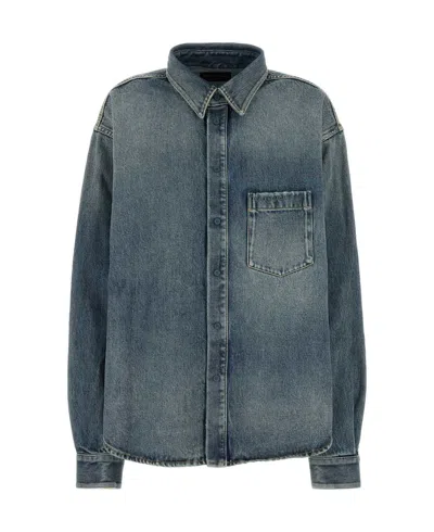 Balenciaga Blue Oversized Shirt With Chest Pocket And Washed Effect In Cotton Woman