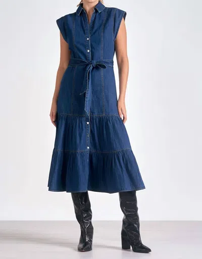 Elan Denim Cap Sleeve Midi Dress In Blue