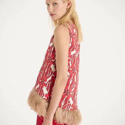 La Doublej Icon La Scala Feather-trimmed Printed Stretch-cotton Tweed Top In Red