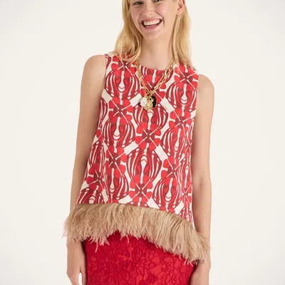 La Doublej Icon La Scala Feather-trimmed Printed Stretch-cotton Tweed Top In Red