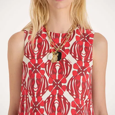 La Doublej Icon La Scala Feather-trimmed Printed Stretch-cotton Tweed Top In Red