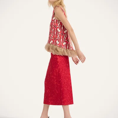 La Doublej Icon La Scala Feather-trimmed Printed Stretch-cotton Tweed Top In Red