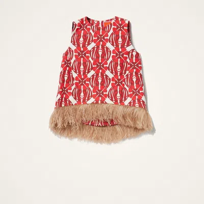 La Doublej Icon La Scala Feather-trimmed Printed Stretch-cotton Tweed Top In Red