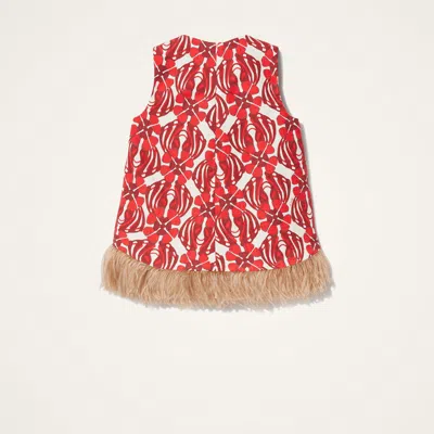 La Doublej Icon La Scala Feather-trimmed Printed Stretch-cotton Tweed Top In Red