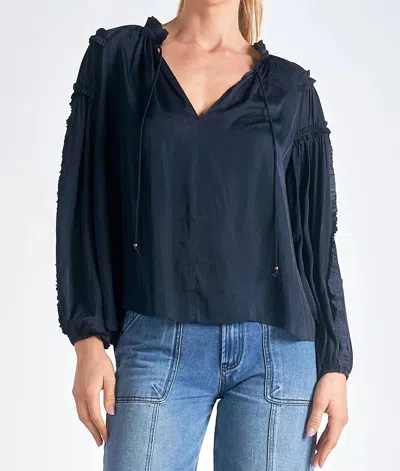 Elan Ruched Detail V-neck Blouse In Navy In Blue