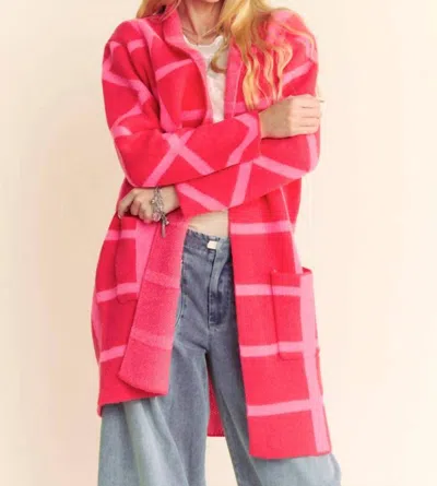 Davi & Dani Marita Bold Checker Cardi Coat In Pink/red