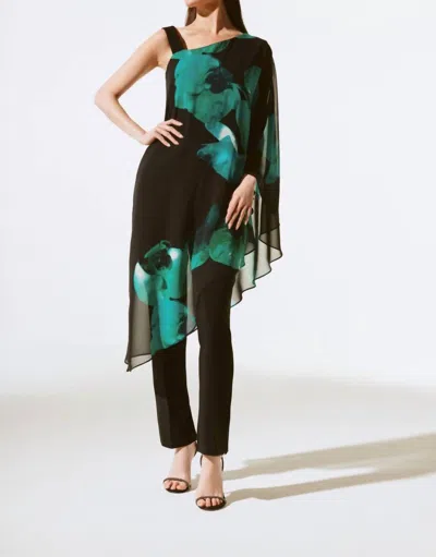 Joseph Ribkoff Floral Print Asymmetric Chiffon One-shoulder Top In Black/green