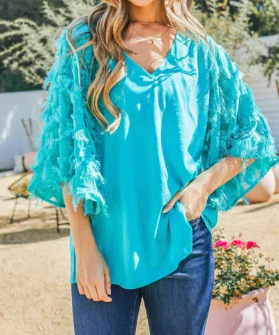 And The Why Feather Detailed 3/4 Sleeve Slub Top In Turquoise
