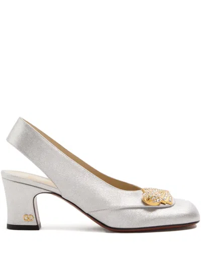 Valentino Garavani Block Heel Embellished Slingback Square Toe Pumps In White