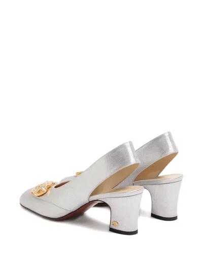 Valentino Garavani Block Heel Embellished Slingback Square Toe Pumps In White